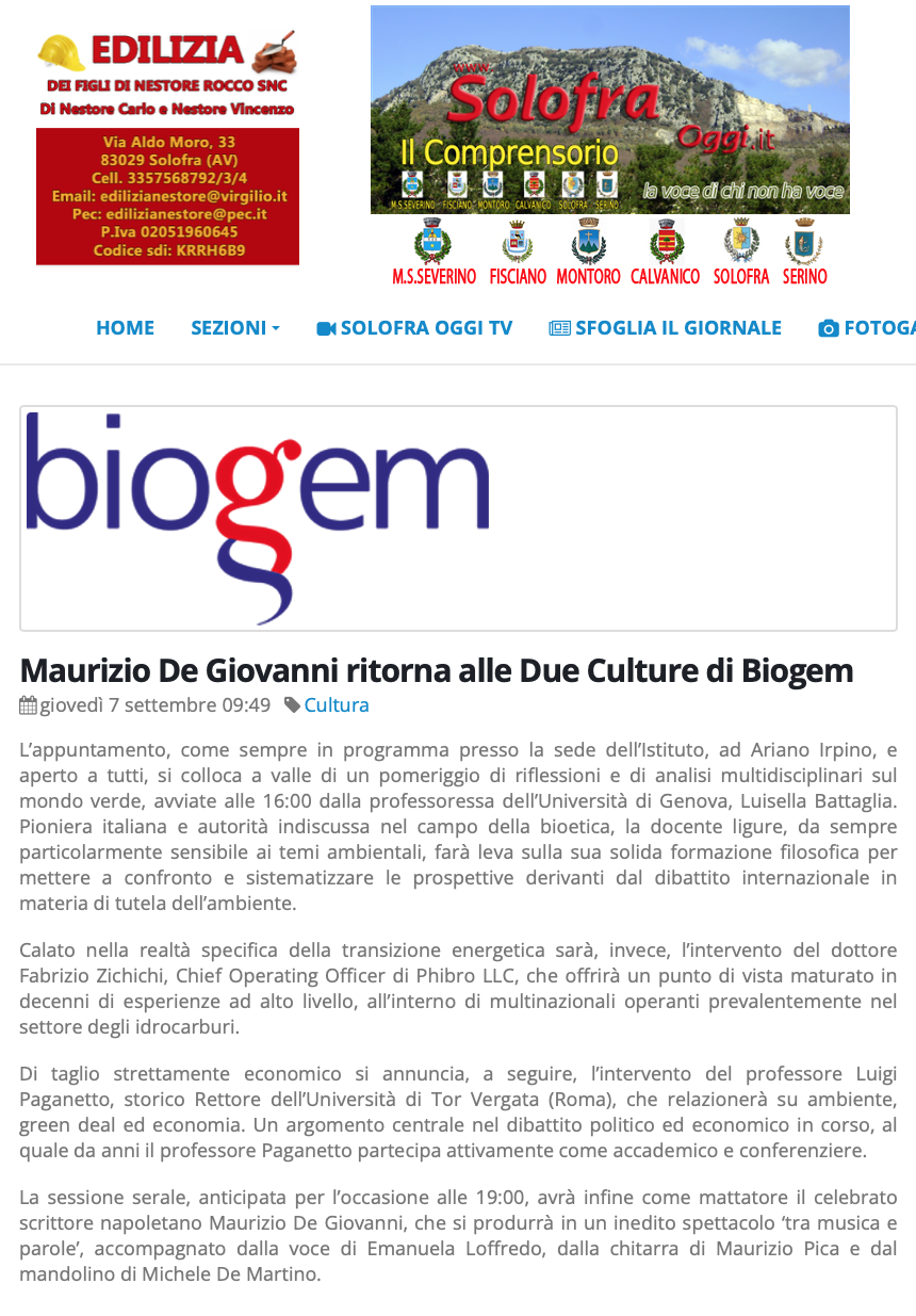 Maurizio De Giovanni ritorna alle Due Culture di Biogem